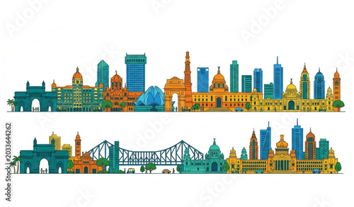 Photos India cities panorama silhouette flat vector illustration isolated banner design