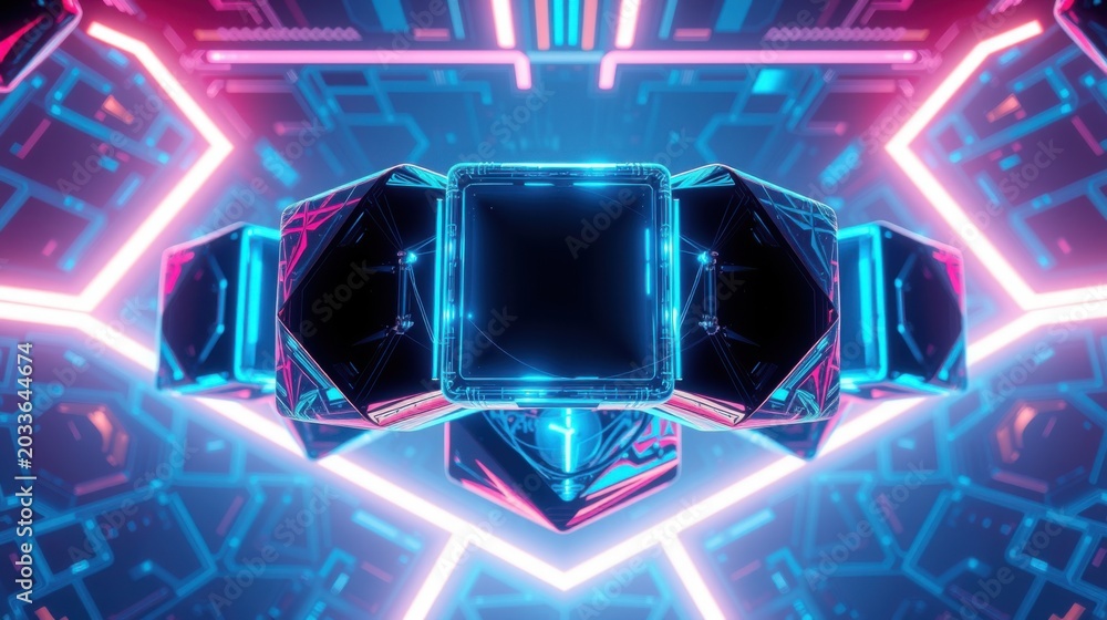 Obraz premium Futuristic tunnel glows with neon lights. Geometric shapes create complex digital environment. Dark background emphasizes vibrant colors.