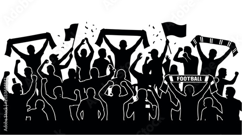 Football fans silhouette cheering in stadium, sports crowd with flags and scarves, enthusiastic audience celebrating victory at match isolated PNG with Transparent Background