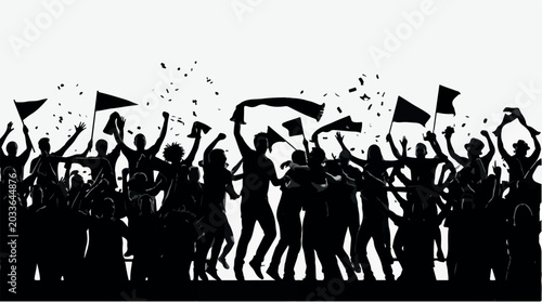 Cheering crowd silhouette with flags and confetti, excited sports fans celebrating victory, large group of people at concert or stadium event isolated PNG with Transparent Background