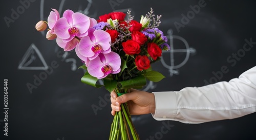 Hand holding a vibrant bouquet of pink orchids and red roses against a dark chalkboard background with faint geometric drawings Teacher's Day