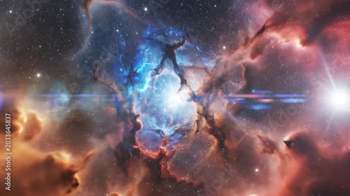 High resolution celestial nebula featuring vibrant blue and orange ionized gas clouds surrounding a luminous central star core with dark cosmic dust filaments and starry background