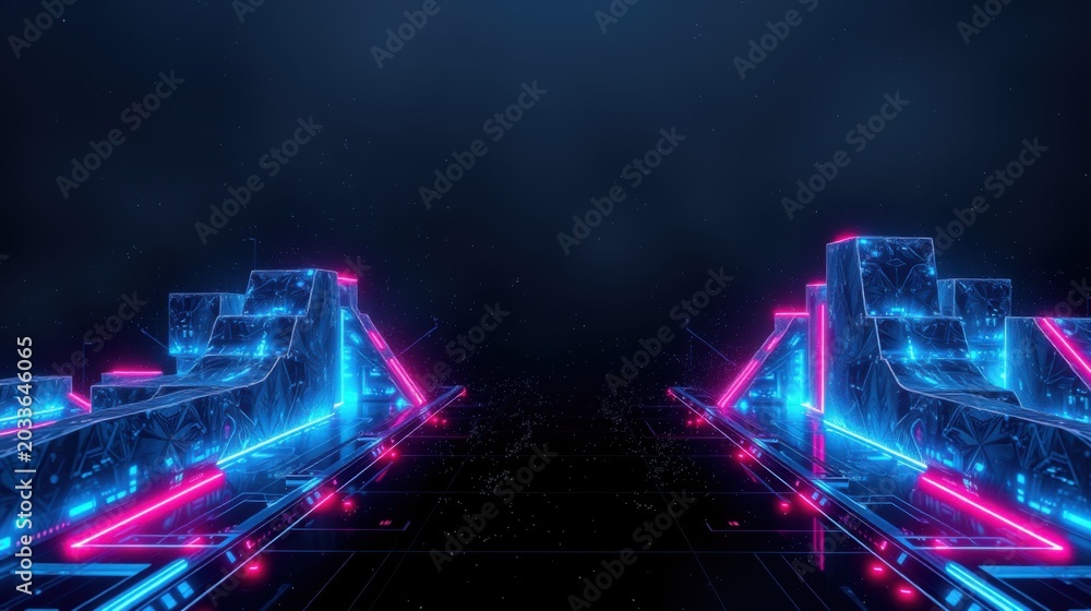 Obraz premium Neon structures extend into darkness. Vibrant blue, pink lights create futuristic tunnel effect. Digital aesthetic dominates scene.