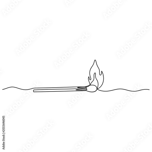 Continuous line drawing of a burning matchstick with flame