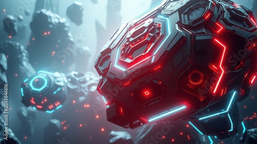 Futuristic robotic spheres float amid misty ruins. Glowing lines accentuate complex metallic designs. Dramatic lighting creates intense visual impact.