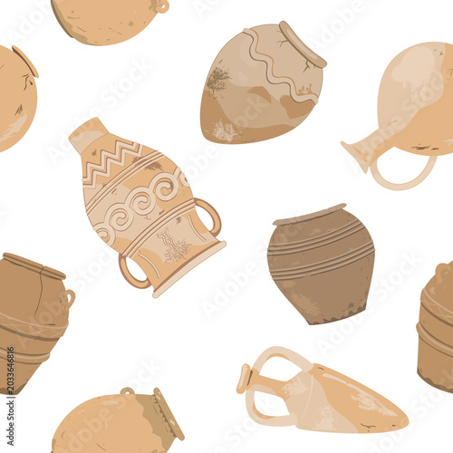 Old ceramic jugs and pots seamless pattern. Terracotta earthenware background. Hand drawn vector illustration