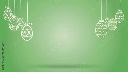 A festive Easter background featuring a collection of intricately decorated white Easter eggs hanging from delicate strings against a soft green gradient.