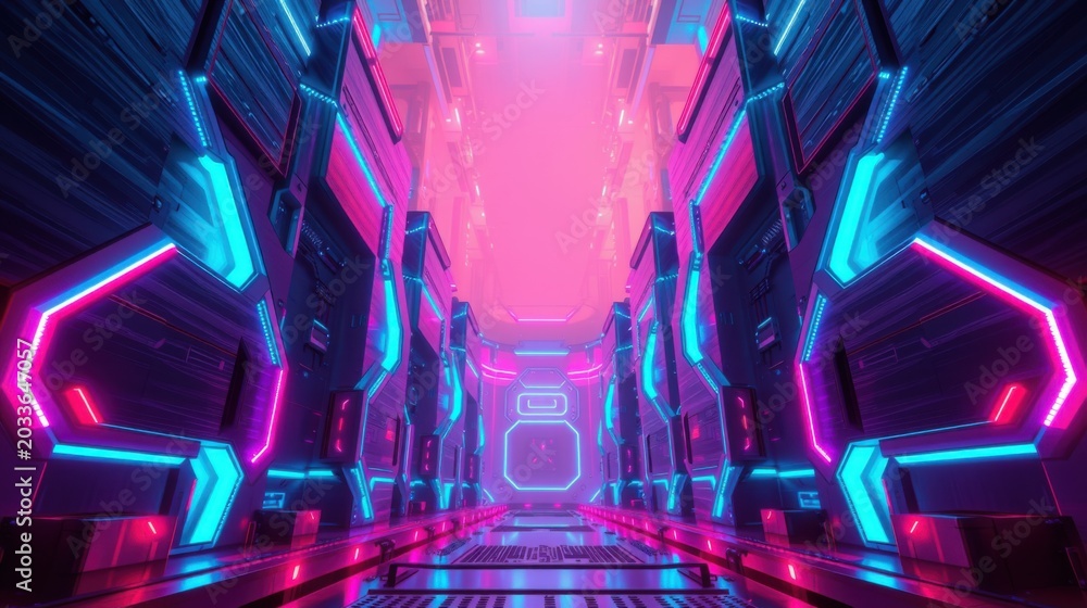 Obraz premium Futuristic corridor glows with vibrant neon lights. Pink, blue hues create dramatic perspective, sleek design dominates space.