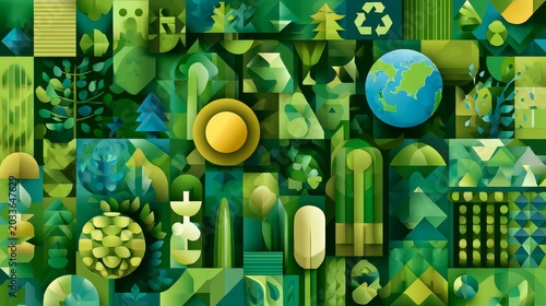 36.Stylish Earth Day vector illustration using geometric forms, eco friendly symbols and green color scheme, flat modern design, sustainable and zero waste concept background