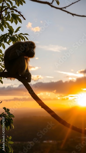 An Orang-Utan Ape A Tree A Jungle Landscape