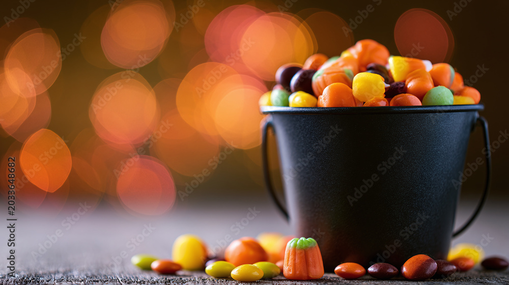 Naklejka premium Black treat bucket overflowing with Halloween candy and colorful sweets on bokeh background