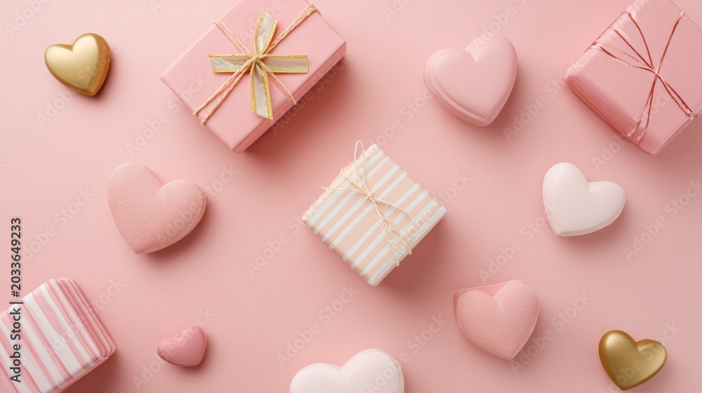 Obraz premium 40.Minimal Valentine flat lay composition featuring gift boxes and hearts, soft pastel pink background, balanced layout, modern holiday stock photography