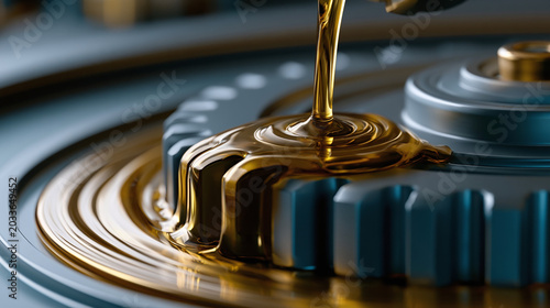 Engine gear lubrication oil pouring on metal cogwheel. Industrial transmission machine rotating with golden liquid maintenance. Automotive mechanism technology working in slow motion