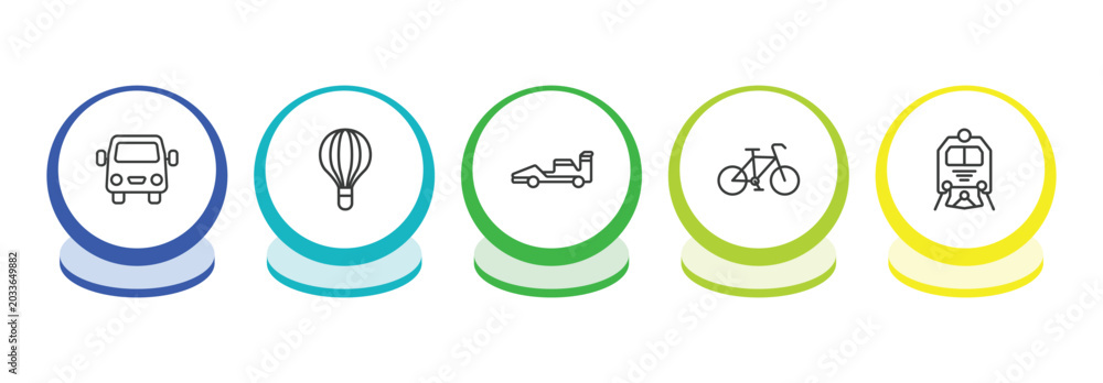 Fototapeta premium transportation outline icon set. thin line van front view, hot air balloon, formula 1, bikes icons. editable vector