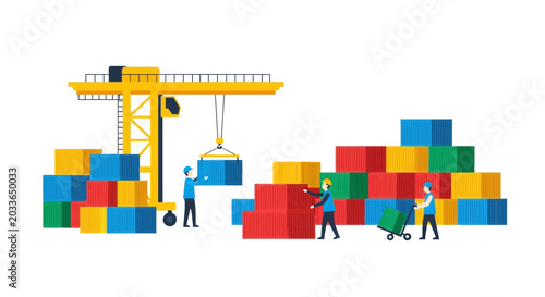 Cuadro en lienzo Shipping containers loading and unloading by gantry crane and workers, logistics