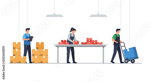 Warehouse workers packing and moving boxes, logistics and delivery concept
