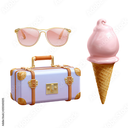 Professional Set of 3D Cartoon Vector Travel Elements Sunglasses Suitcase Image