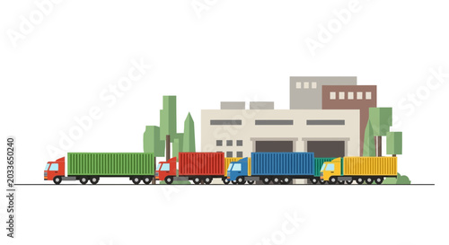 Logistics trucks lined up outside factory, industrial delivery, transportation concept