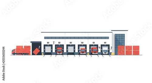 Modern Warehouse Loading Docks with Trucks and Cargo Boxes, Logistics Concept