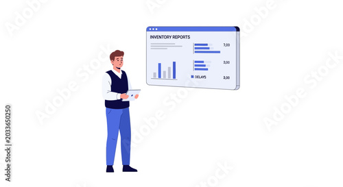 Man analyzing inventory reports on a tablet with charts and graphs