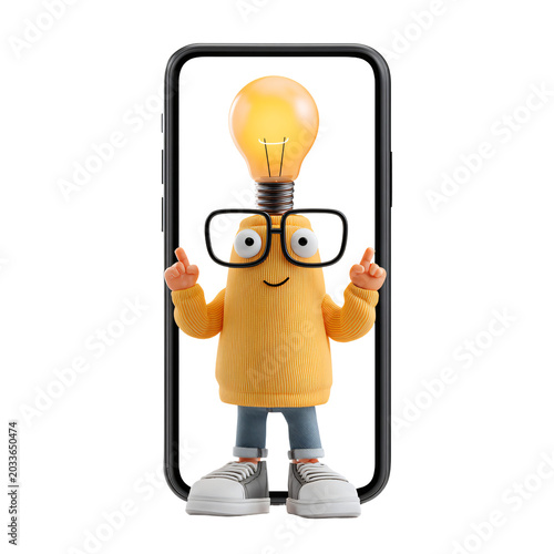 Smartphone Character with Light Bulb: Exploring Innovative Technology Concepts for Digital Marketing Collateral