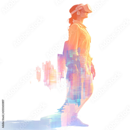 Professional Woman in Virtual Reality Headset Traversing Neon-infused Metaverse