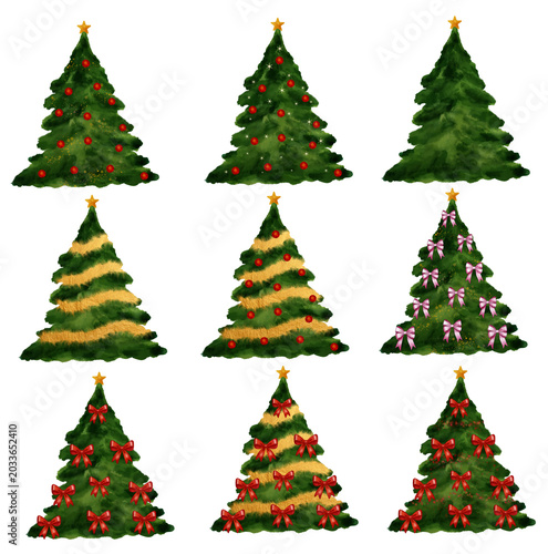 Christmas tree clipart illustration. Set of 9 Watercolor Christmas Trees on Transparent Background, Hand-Drawn Holiday Clipart for Cards, Invitations and Festive Projects. 