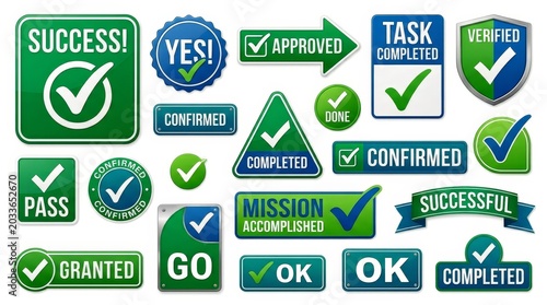 Collection of green and blue confirmation, check mark, and approval badges on white background.