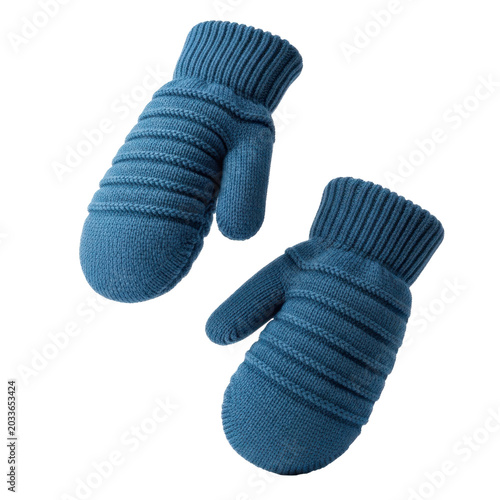 Blue knitted mittens with ribbed cuffs and textured pattern