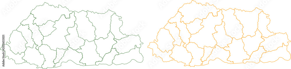 Fototapeta premium Bhutan Administrative Districts Outline Map with Internal Borders in Black and Orange Line Variants on White Background
