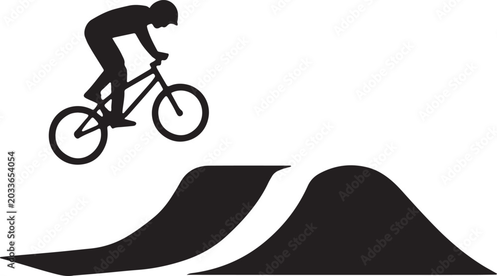 Fototapeta premium Bicycle rider jumping over a dirt mound in a flat black solid style biking mountain cyclist