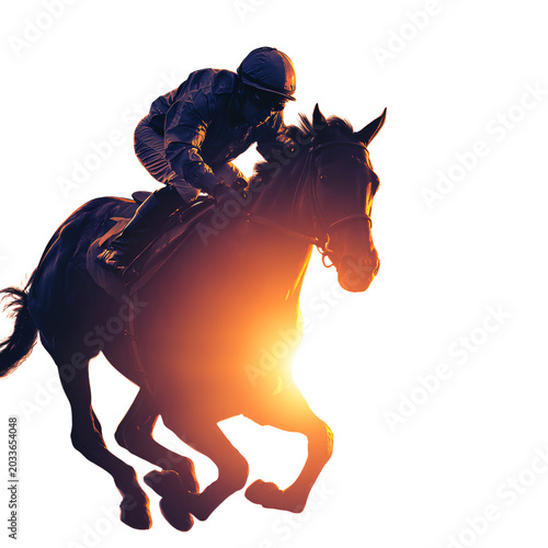Silhouette of Thoroughbred and Jockey Racing at Sunset Isolated