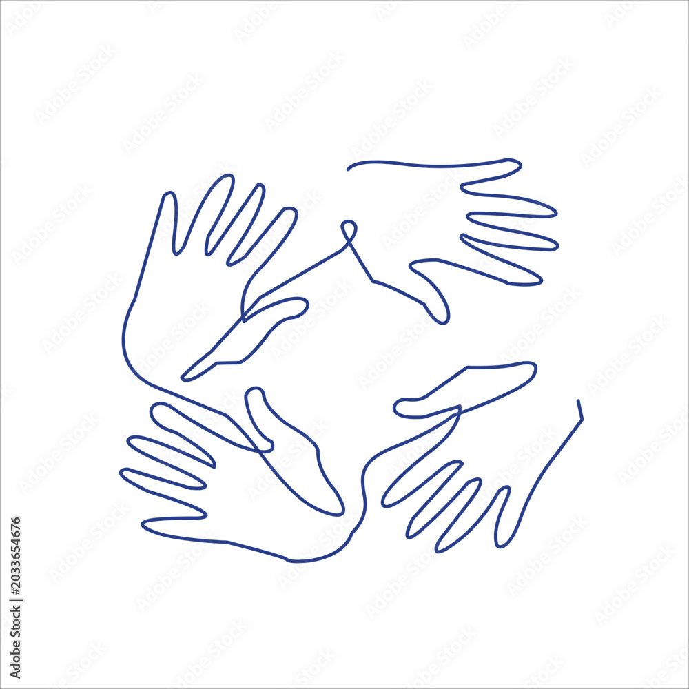 Obraz premium single line art of four hands holding together in round shape symbolize solidarity and unity, donation community vector illustration 