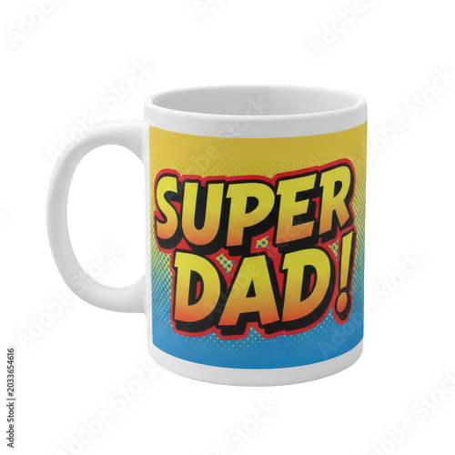 White ceramic mug with super dad comic text isolated on a transparent background