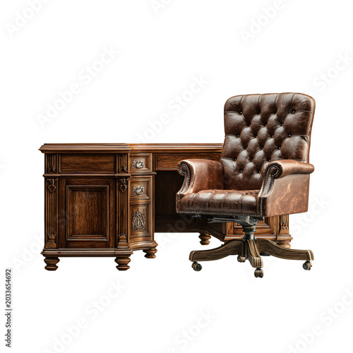 Luxurious Wooden Executive Desk and Plush Leather Chair on Transparent Background