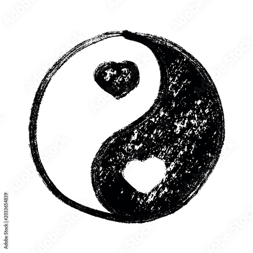 Tableau sur toile Hand drawn yin yang symbol with hearts Zen and Tao Harmony and balance Black and