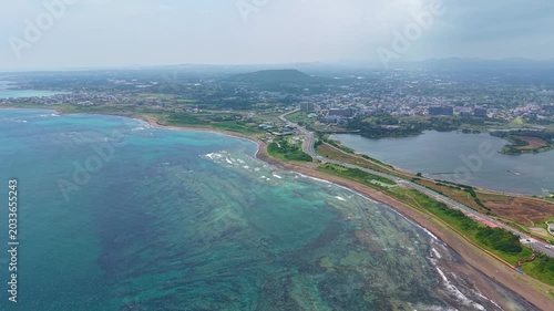 Aerial drone view of Gwangchigi Beach and Seongsan Ilchulbong coastline in Jeju Island South Korea