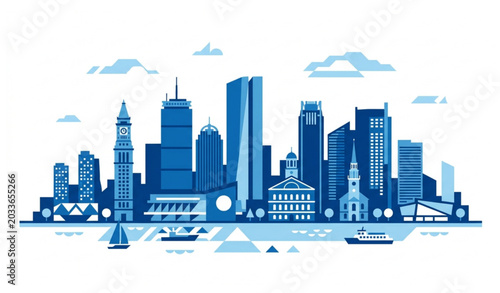 Photos Boston Massachusetts skyline panorama flat vector logo isolated city design