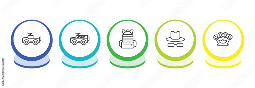 Obraz premium army and war outline icon set. thin line army car, armored vehicle, army backpack, secret agent icons. editable vector