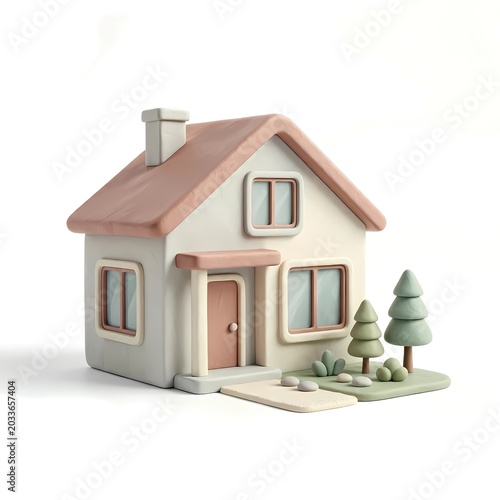 Minimalist 3D Clay Style House with Small Garden Background