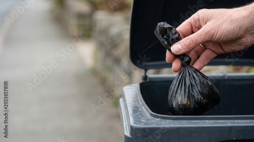 Hand holding black trash bag over bin on street, disposing of waste responsibly. Trash disposal includes careful handling and proper placement in designated receptacle for cleaner environment.