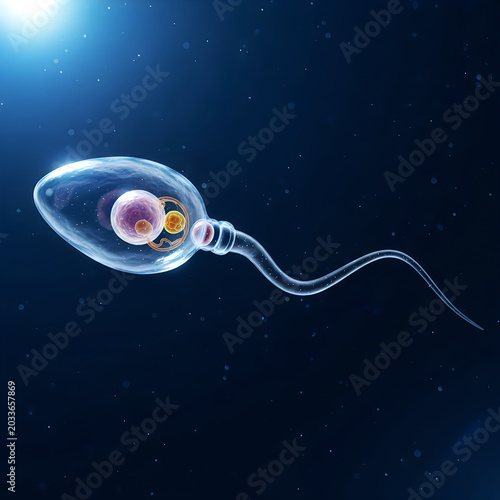 Human egg cell, sperm fertilizing ovum, microscopic view, biology, healthcare concept