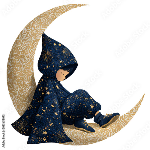 Surreal Sleeping Child on Crescent Moon Starry Cloak Fantasy Illustration