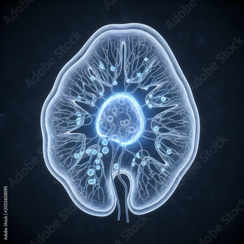 Glowing blue kidney, human organ, medical illustration, 3D rendering, nephrology concept