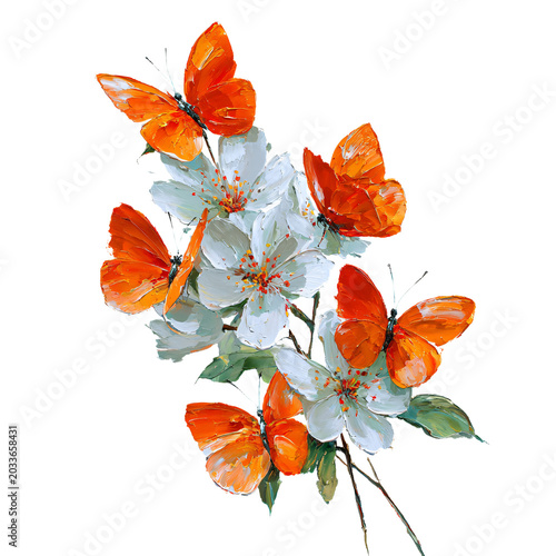 Vibrant Orange Butterflies White Flowers Artistic Oil Painting