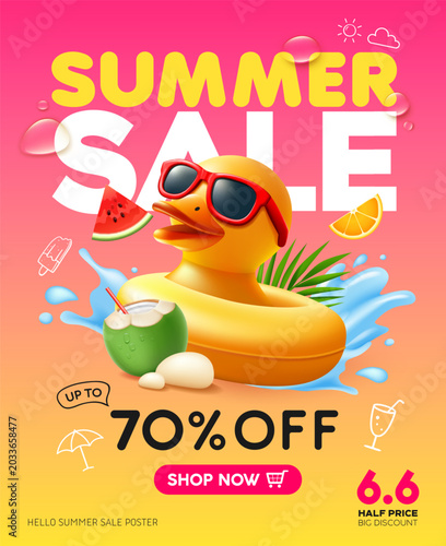 Summer sale poster, Yellow rubber duck Wear sunglasses design on colorful background