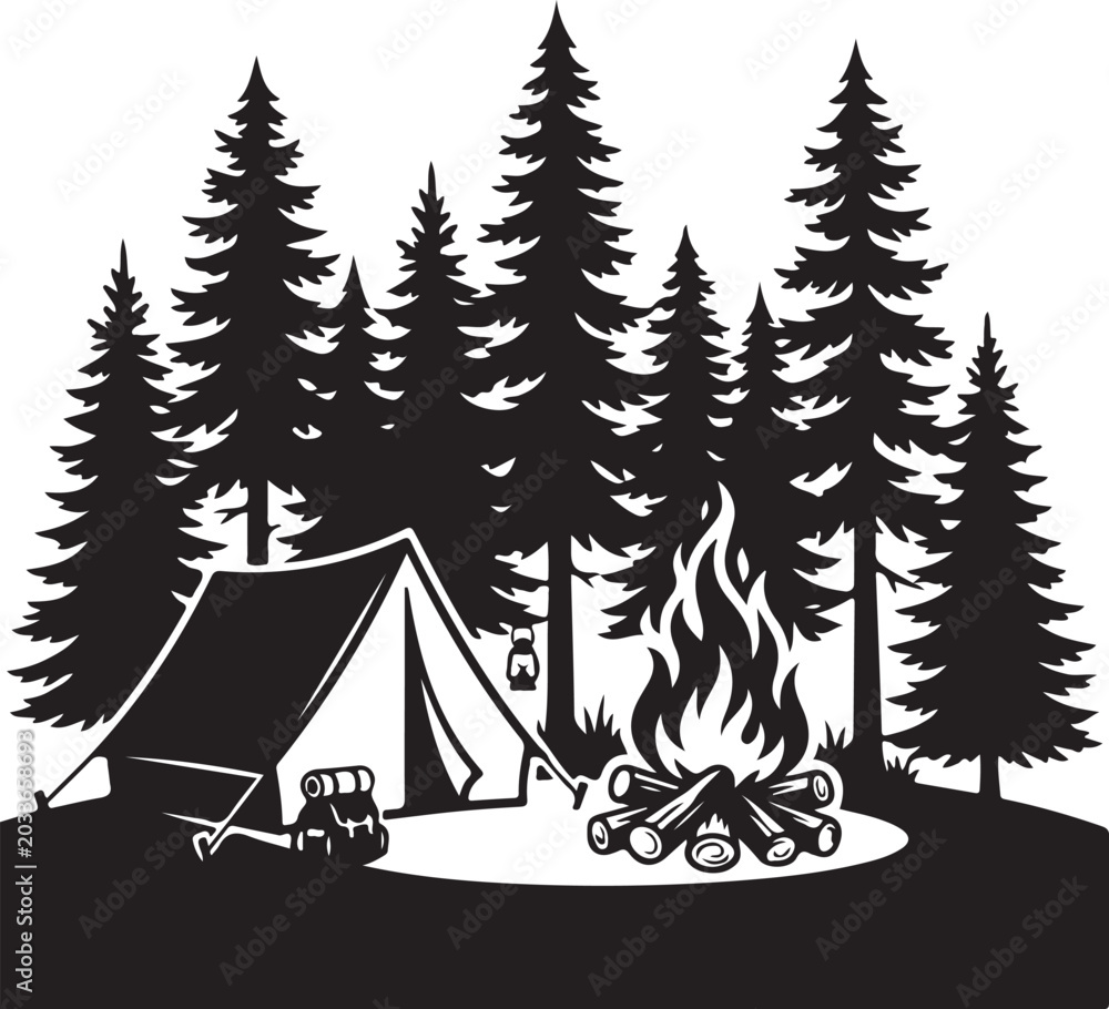 Fototapeta premium Camping tent and campfire in pine forest black silhouette