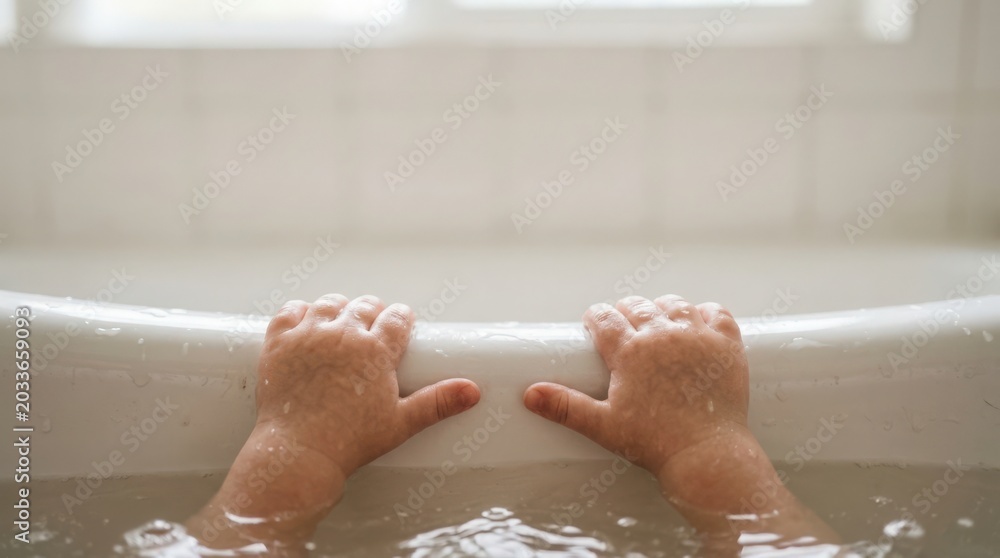 Fototapeta premium Baby hands holding bathtub edge during playful bath time, splashing water and enjoying moments of joy in the tub. Delightful baby bath experience using playful water activities for baby shower events.