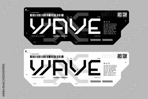 Futuristic WAVE techwear labels with experimental typography and cyberpunk graphic elements