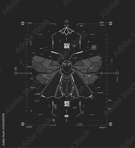 Futuristic cyber moth silhouette with HUD interface and tactical biomechanical elements